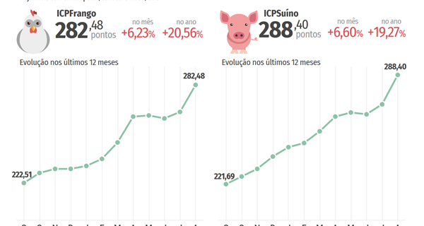 Custos de produção de suínos e de frangos de corte sobem mais de 6% em agosto