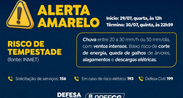 Com risco de tempestades, Defesa Civil emite alerta amarelo
